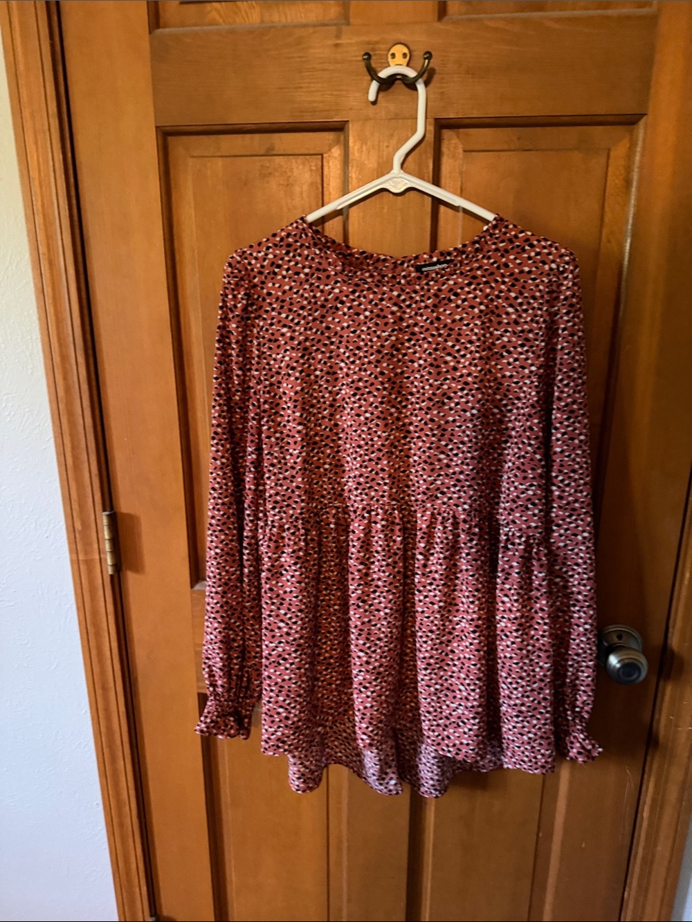 mittoshop Red Black Printed Long Sleeve Peplum Blouse